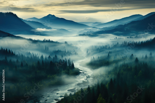 Above the Clouds: Foggy Pine Forest Vista © Andrii 