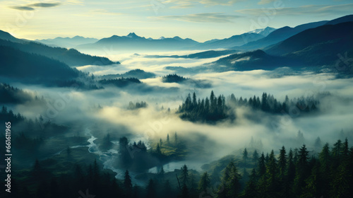 Fog-Kissed Pines  Aerial Panorama of Nature s Blanket