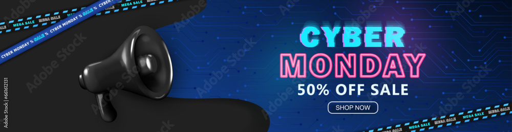 Cyber Monday hi-tech panoramic banner with glitched neon text, sale barricade tapes and 3d black loudspeaker. Promo discount header for e-commerce, online shopping special offer. Technology concept