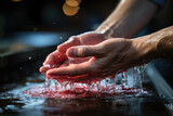 A person vigorously scrubbing their hands with soap and water, illustrating the importance of hand hygiene. Concept of handwashing. Generative Ai.