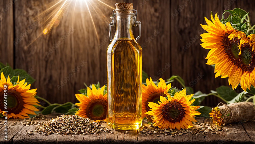 Bottle with oil, sunflower flower Bottle with oil, sunflower flower