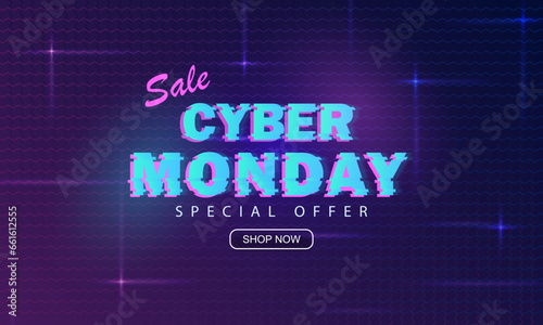 Cyber Monday ad 80s banner with shop button, 3d glossy balloons and neon text 50% off sale. Promo luminous Synthwave background, retro futuristic wallpaper with discount info for online shopping