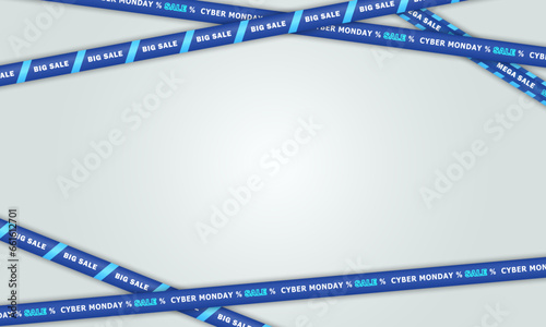 Template of empty white banner with crossed barricade tapes frame for Cyber Monday big sale, special offer. Wallpaper with discount stripes and blank space for text. Marketing, retail, online shopping