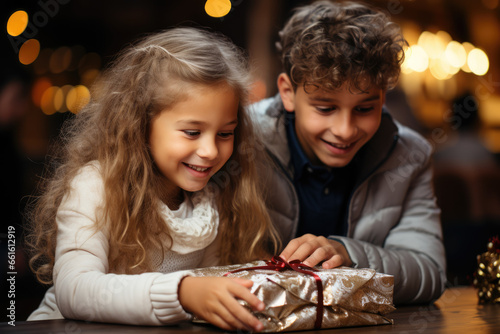 Children unwrapping presents and discovering surprises left in their Christmas stockings on Boxing Day morning. Concept of holiday surprises. Generative Ai.