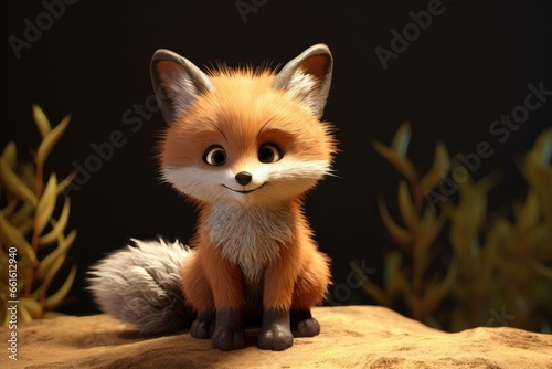 Tiny red fox, bushy tail and curious, alert ears, captivatingใ