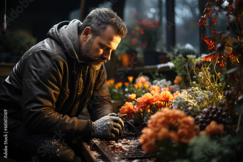 A gardener tending to winter plants and flowers in their garden on Boxing Day, nurturing nature even in colder months. Concept of gardening. Generative Ai. © Sebastian