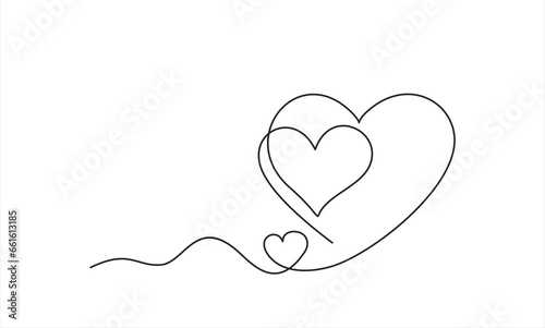 Continuous line drawing of love sign with two hearts embrace minimalism design on white background.