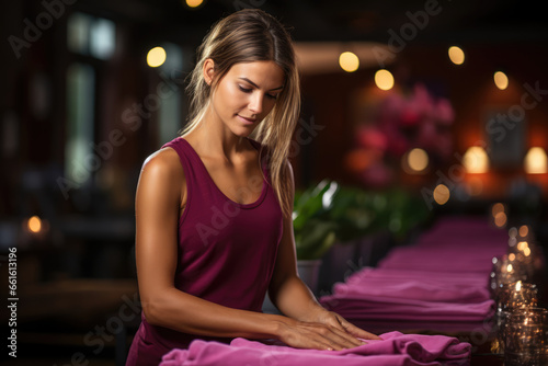 A yoga instructor cleaning and disinfecting yoga mats between classes to ensure studio hygiene. Concept of yoga mat cleaning. Generative Ai.