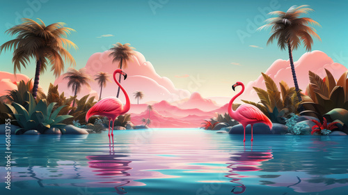Two flamingos standing in a water against each other. Tropical landscape in background. 3D illustration style