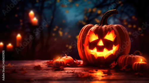 Spooky pumpkin lantern glows in the dark autumn night. Generative AI