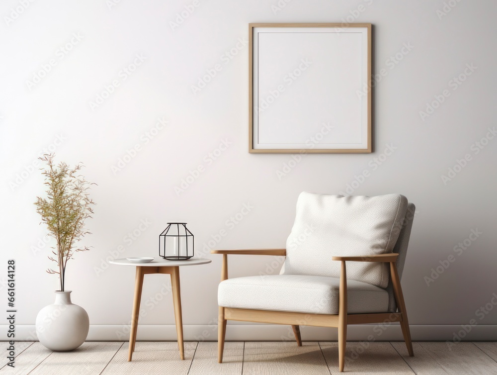 Minimalist Living Room with Empty Picture Frame on White Wall Minimalist Living Room with Empty Picture Frame on White Wall