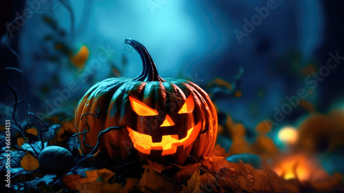 Spooky pumpkin lantern glows in the dark autumn night. Generative AI
