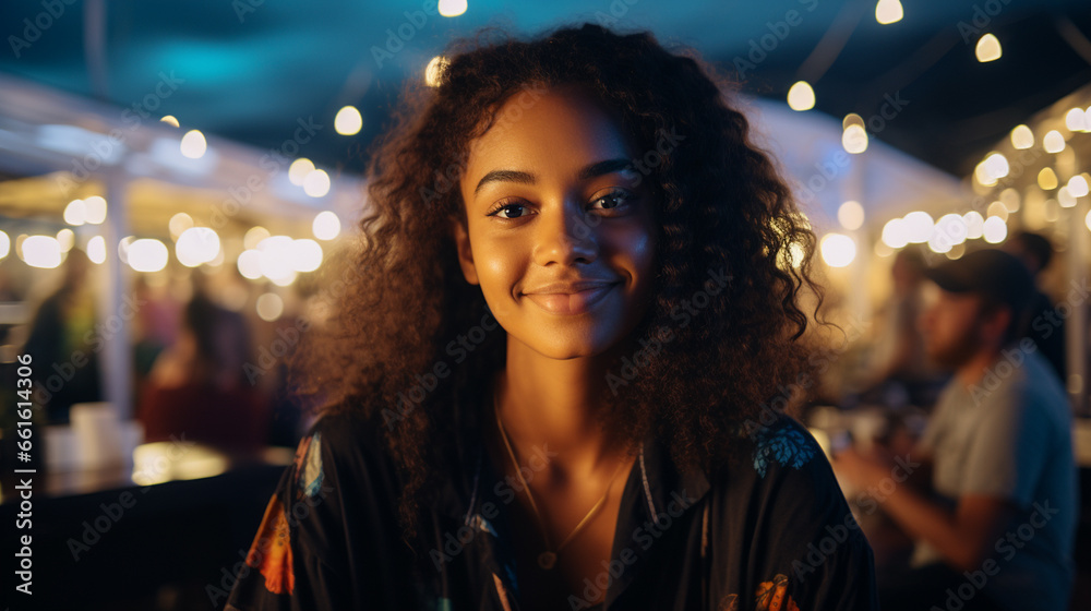 young adult woman sitting on a wooden bench outside for dinner in a simple local restaurant