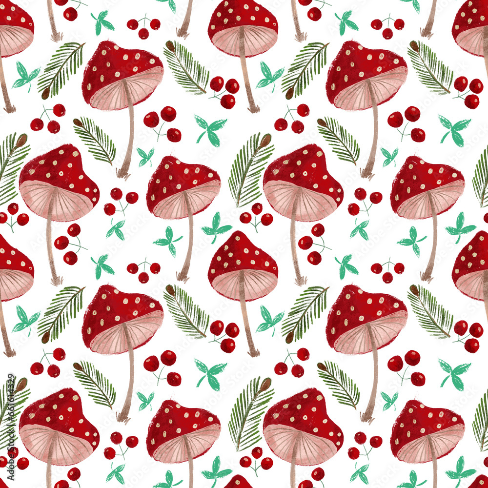 Cartoon mushrooms with red caps, green twigs and berries. Cartoon mushrooms with red caps, green twigs and berries.