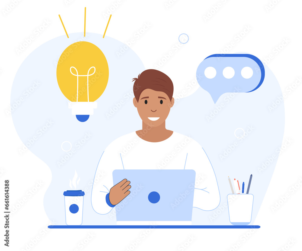 Idea search scene. The character is sitting at the laptop and has a new business idea and makes a business plan. Concept of new business ideas. Vector illustration. Idea search scene. The character is sitting at the laptop and has a new business idea and makes a business plan. Concept of new business ideas. Vector illustration.