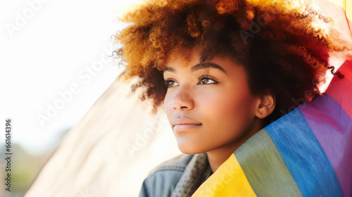 abstract LGBTQ LGBT flag or thin blanket or towel, adult woman or teenager girl, thoughtful and uncertain