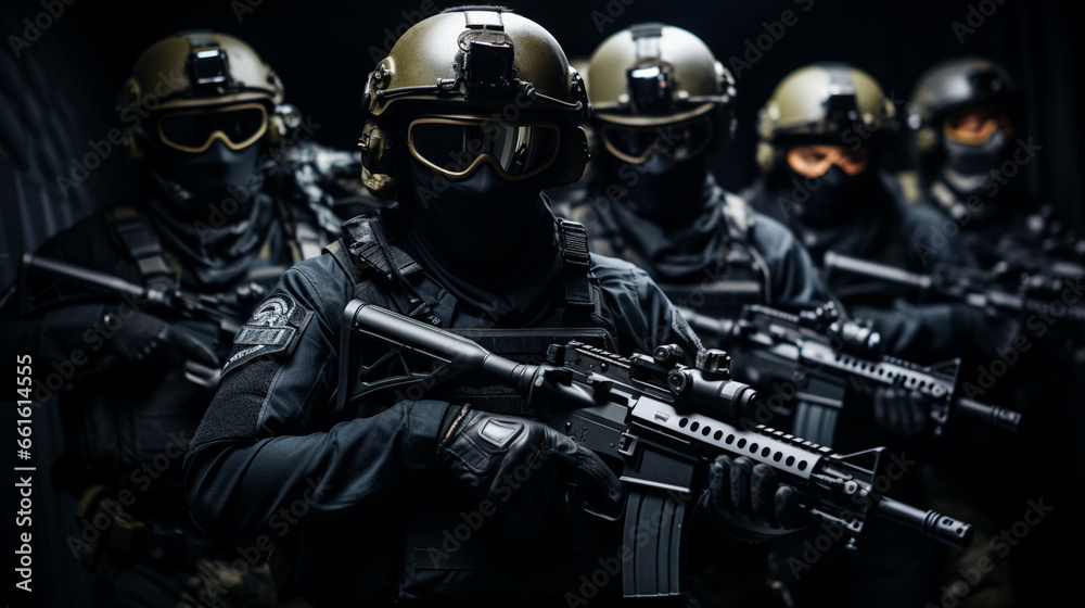 a squad or group of men and women, masked, wearing mask and helmet and visor, holding machine guns a squad or group of men and women, masked, wearing mask and helmet and visor, holding machine guns