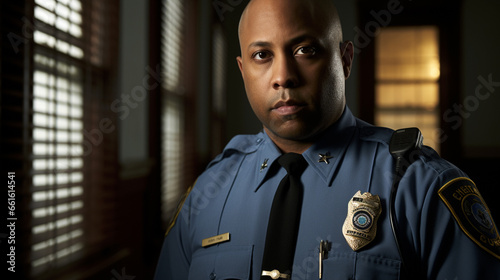 an American sheriff or commissioner or police officer, police badge and blue shirt, black man with bald head photo