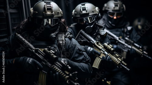 a squad or group of men and women, masked, wearing mask and helmet and visor, holding machine guns