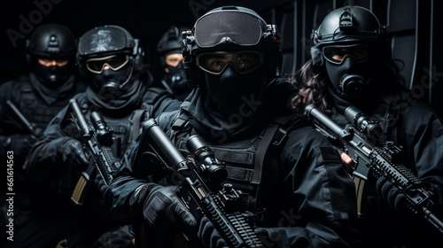 a squad or group of men and women, masked, wearing mask and helmet and visor, holding machine guns