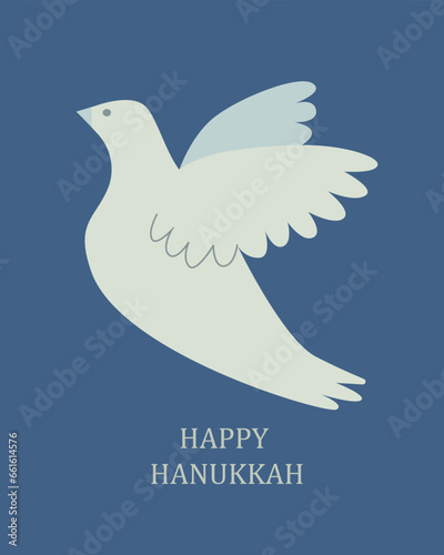 Dove, bird of peace on a dark blue background. Hanukkah symbol. Vector flat illustration. Hanukkah card, poster, template.