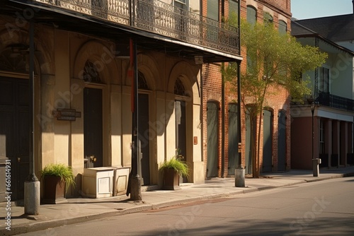 Street corner in lively neighborhood of New Orleans' French Quarter. Generative AI
