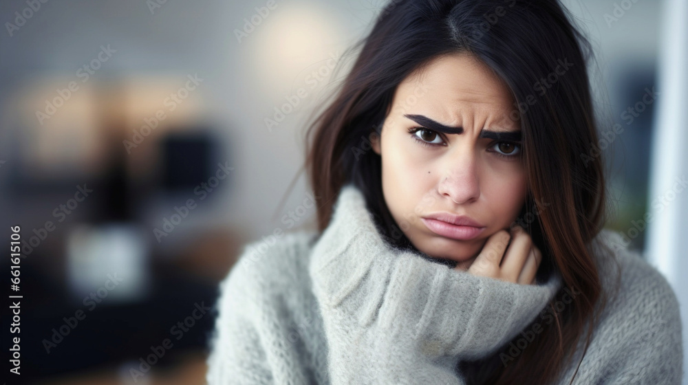 young adult woman, caucasian arabic multiracial, dark long hair, turtleneck winter sweater, with sad face young adult woman, caucasian arabic multiracial, dark long hair, turtleneck winter sweater, with sad face
