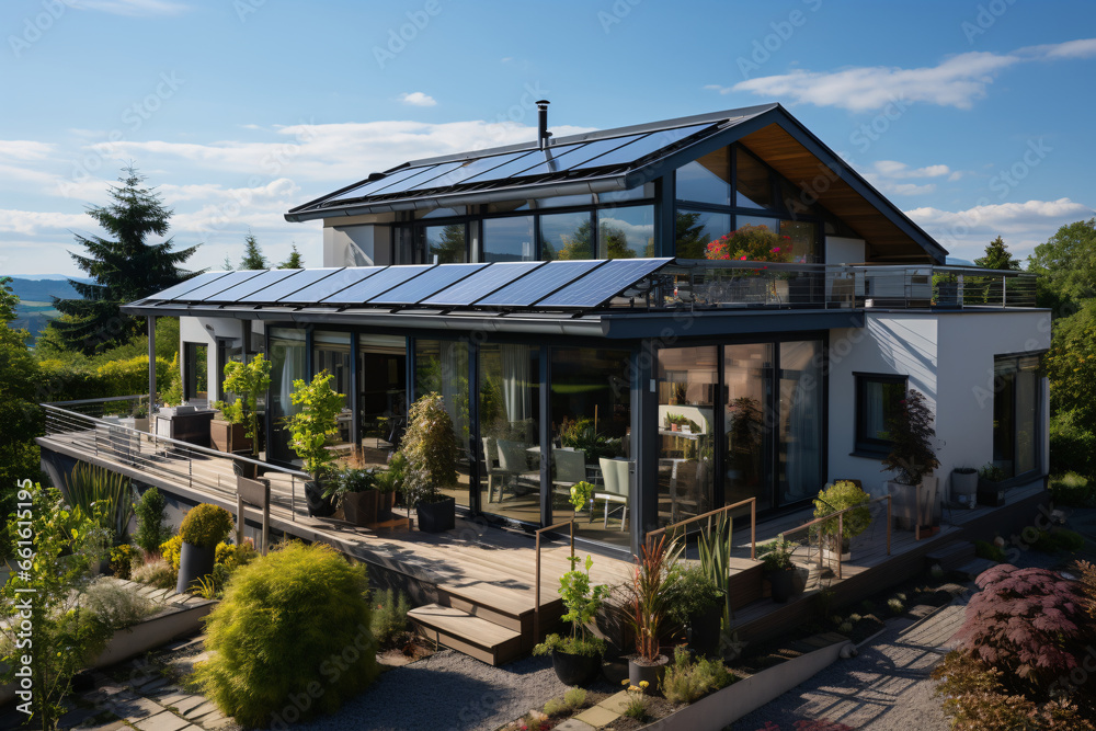 Solar panels on the roof of a modern house. Generative AI.