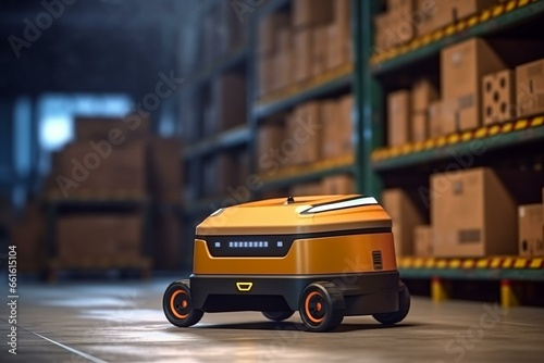 Warehouse robot, automated delivery vehicle in storehouse shipping, carrying cardboard box. Concept of Industry 4.0. Generative AI