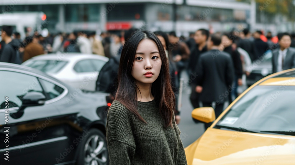 Everyday life in the life of a young adult woman, standing still in the middle of a busy traffic street
