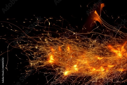 Close-up of fiery flames and sparks on a black background. Generative AI