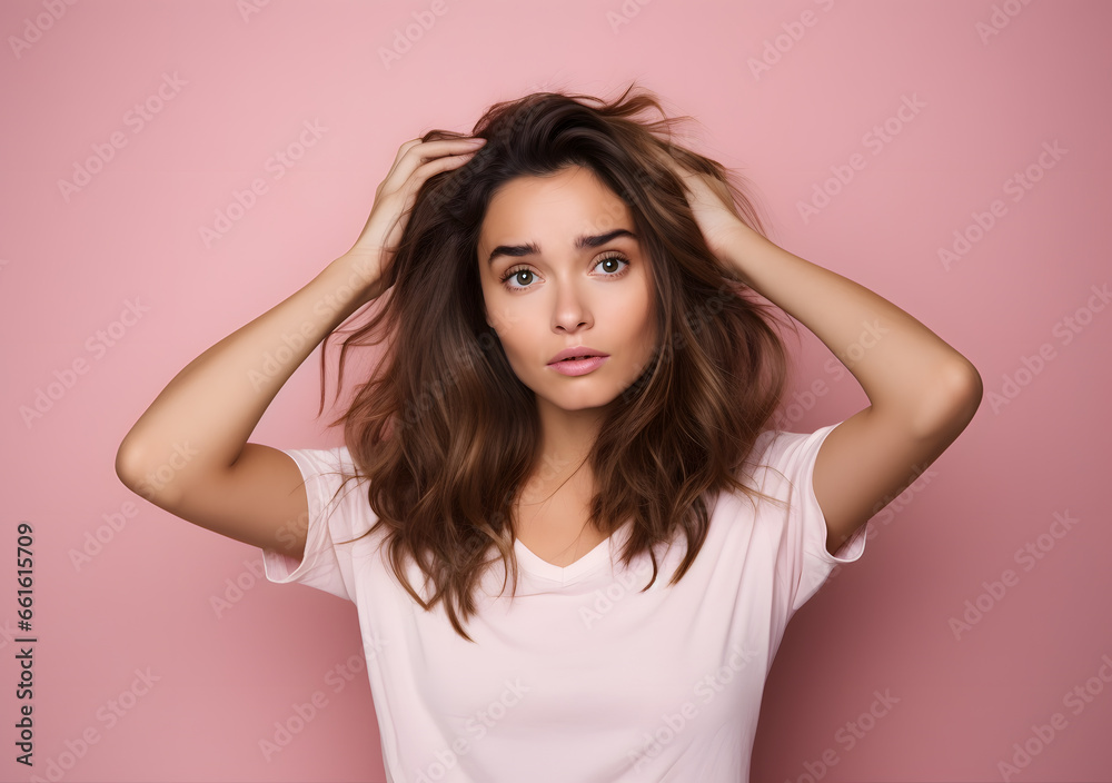 Portrait of Frustrated young woman having hair problem. Unsatisfied lady having hair loss. Isolated on pink color background. Generative AI