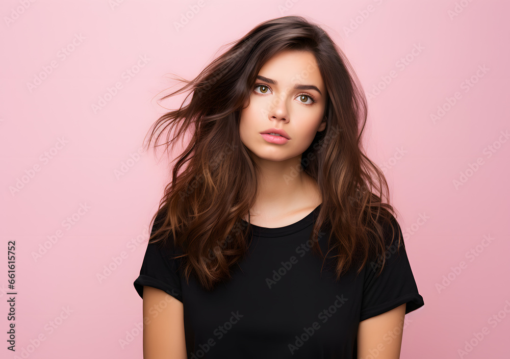 Portrait of Frustrated young woman. Unsatisfied lady. Isolated on pink color background. Generative AI Portrait of Frustrated young woman. Unsatisfied lady. Isolated on pink color background. Generative AI