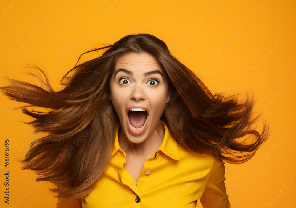 Wow, Young happy woman excited. Surprised woman portrait. Studio shot on yellow background. Generative AI