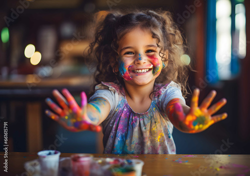Young girl playing with colors. Creative children drawing. Generative AI