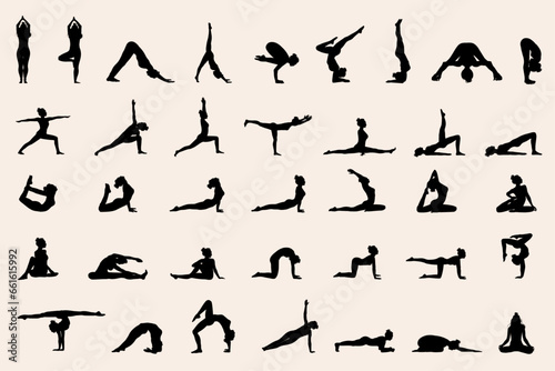 Yoga set  woman silhouette, 37 poses, vector illustration