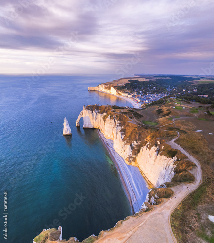 Aerial panoramic landscape on the cliffs of Etretat. Natural amazing cliffs. Etretat, Normandy, France