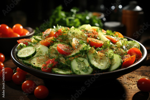 A salad bowl filled with crisp lettuce, juicy tomatoes, and crunchy cucumbers, enticing the senses with a refreshing meal. Concept of salad freshness. Generative Ai.