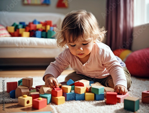 a young American toddler playing with colorful wooden block toys