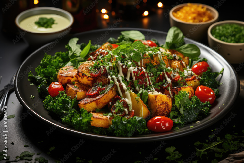 A vegetarian restaurant menu featuring a wide selection of plant-based dishes, catering to various dietary preferences. Concept of vegetarian dining. Generative Ai. A vegetarian restaurant menu featuring a wide selection of plant-based dishes, catering to various dietary preferences. Concept of vegetarian dining. Generative Ai.