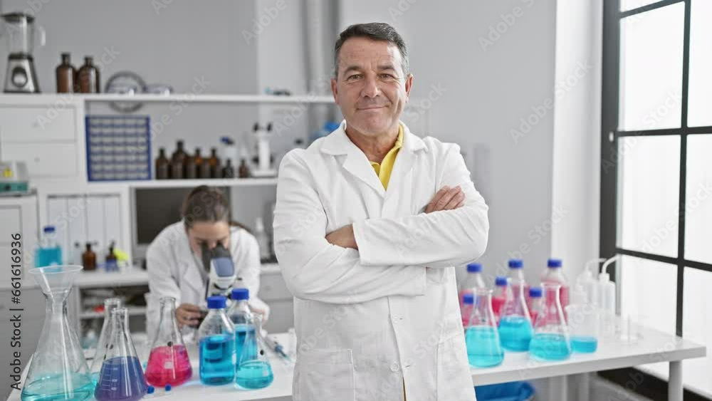 Confident male and female scientists joyfully working together, arms crossed in a gesture of camaraderie in their bustling laboratory Confident male and female scientists joyfully working together, arms crossed in a gesture of camaraderie in their bustling laboratory