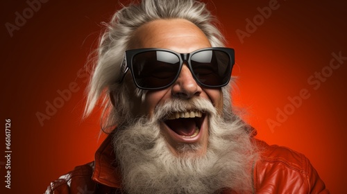 Comic Santa Claus in Sunglasses: Playful and Aged Santa with Amusing Grimace on Red Background © LifeStoryStudio