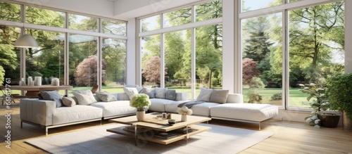 Spacious lavish family room with garden view With copyspace for text