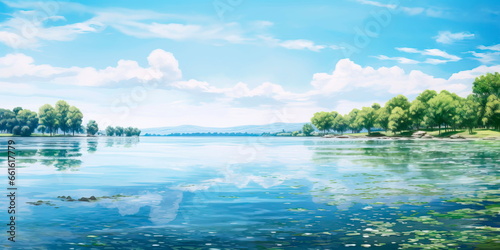 landscape with soft, pastel hues depicting a tranquil lake surrounded by lush, green trees and a clear blue sky, evoking a sense of peace and serenity.