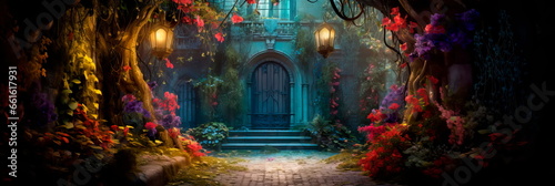 garden hidden behind an ivy-covered wall, with a wrought-iron gate, a variety of exotic flowers, and a magical, mystical ambiance.
