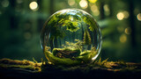 Glass globe in green forest. Green planet. Environmental concept of saving planet Earth