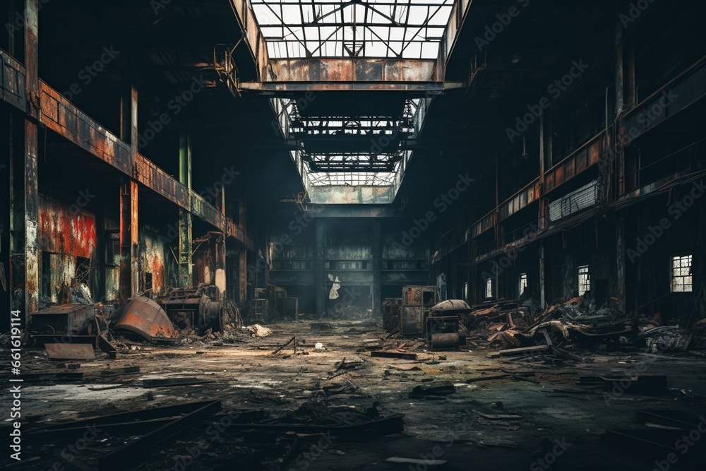 Rundown factory with empty space, rusty surroundings. Industrial interior background. Generative AI - obrazy, fototapety, plakaty 