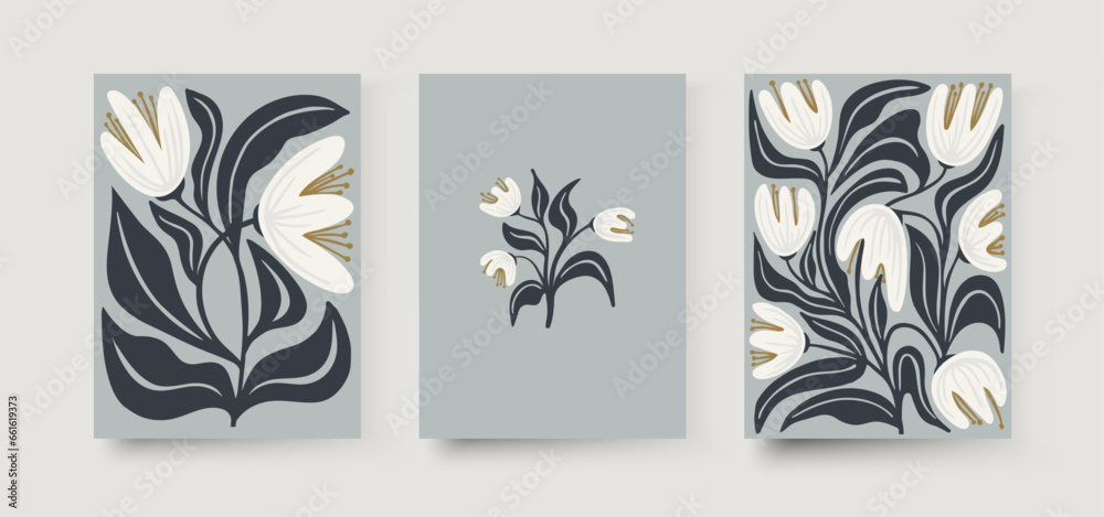 Set of abstract flower posters. Trendy botanical wall arts with floral design in danish pastel colors. Modern naive groovy funky interior decorations, paintings. Vector art illustration. Set of abstract flower posters. Trendy botanical wall arts with floral design in danish pastel colors. Modern naive groovy funky interior decorations, paintings. Vector art illustration.