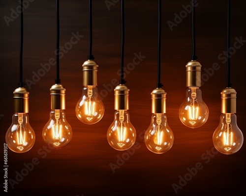 Several hanging warm lightbulbs against dark wood background, minimalist, AI-generative