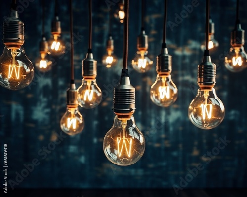 Several hanging warm lightbulbs against dark green background, sharp focus, AI-generative